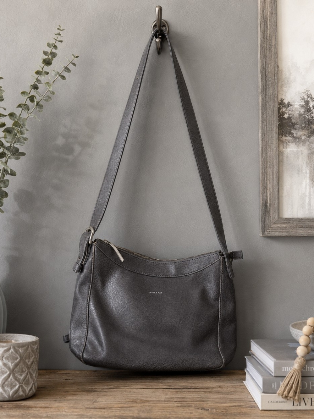 Matt & Nat Charcoal Gray Vegan Leather Shoulder Crossbody Hobo Bag